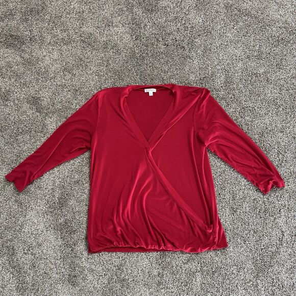 Charming Charlie Red Wrap Blouse 3/4 Sleeve Elastic Waist Top Shirt Size Large - Picture 2 of 11